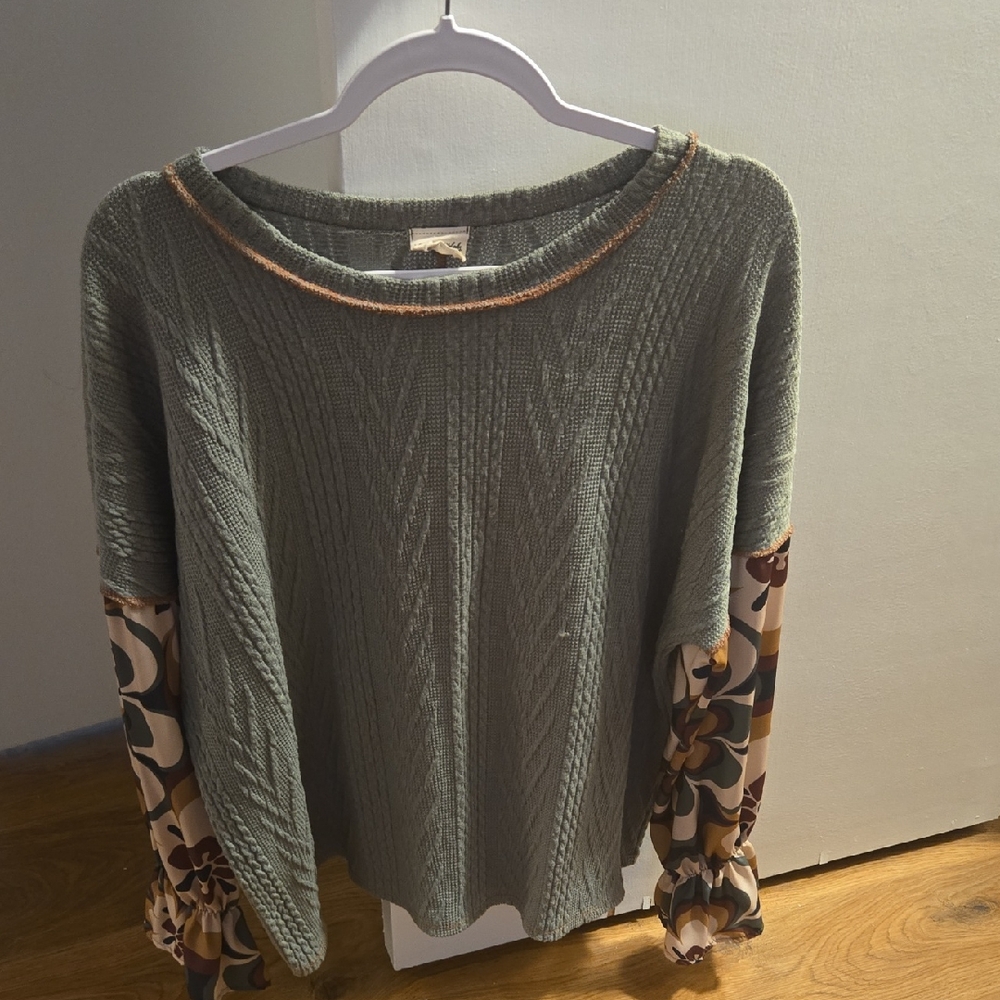 Lovely Melody Olive Sweater with Floral Sleeves